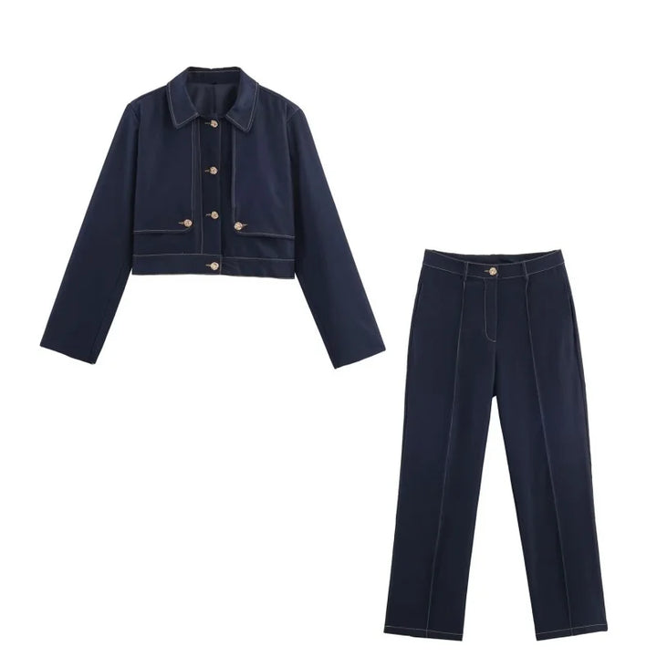 Women's Set with Short Button-Up Jacket and Straight-Leg Pants | Two-Piece Set