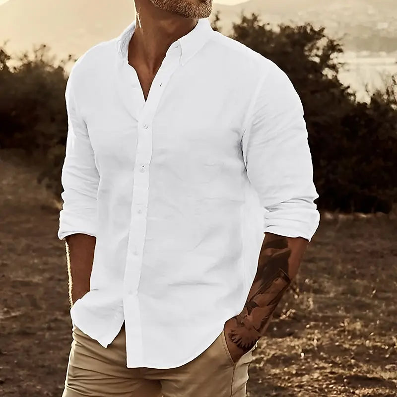 Men's Shirt | Regular Fit Long Sleeve Shirt | Stand Collar and Button Closure | Smart Casual Style