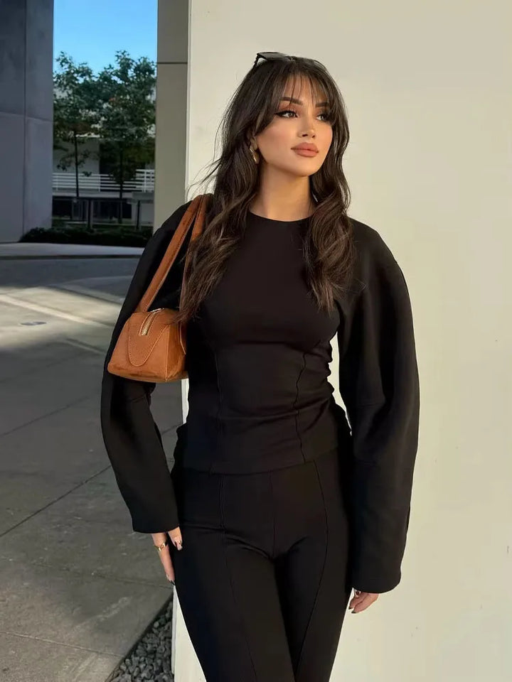 Women's Long Sleeve Round Neck Top and Wide Pants Two-Piece Set | Seam Detail