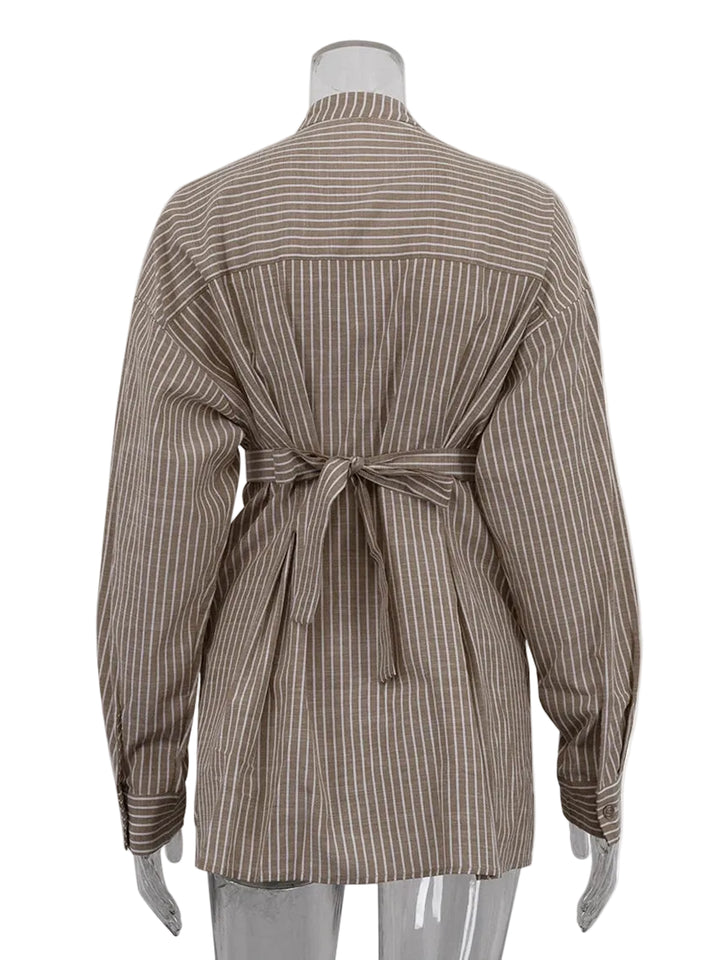 Women's Striped Long Sleeve Shirt with Waist Belt | Waist Tie