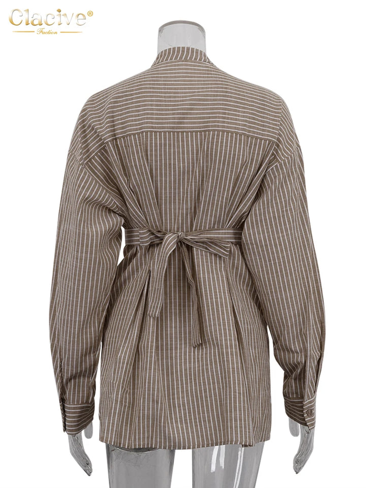 Women's Long Sleeve Blouse Stripes Stand Collar Waist Tie Blouse | Front Buttons
