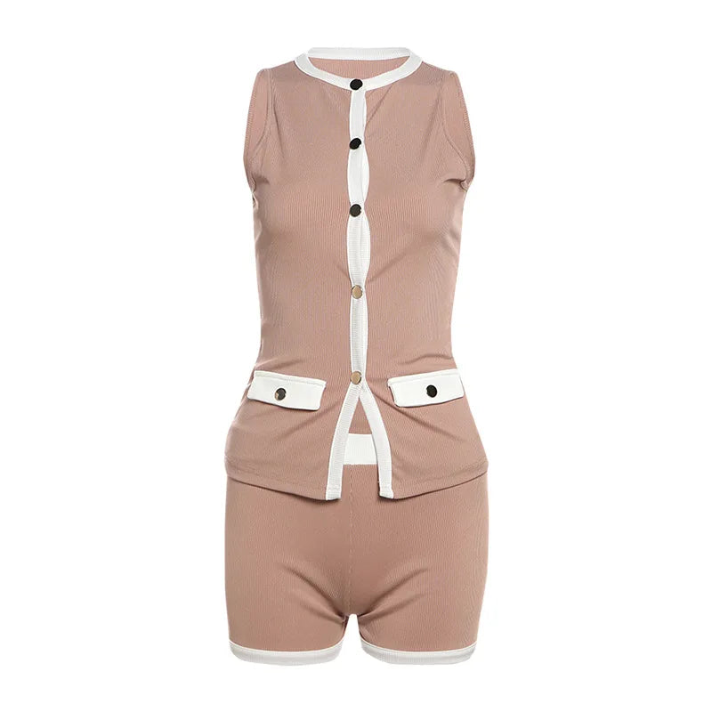 Women's Contrast Trim Sleeveless Cardigan and Shorts Two-Piece Set | Front Buttons