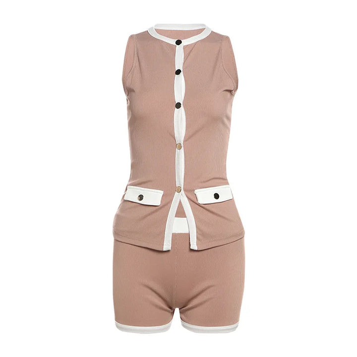 Women's Contrast Trim Sleeveless Cardigan and Shorts Two-Piece Set | Front Buttons
