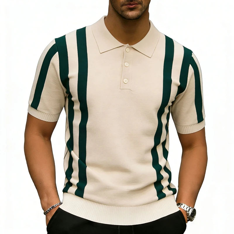 Męska Koszulka Polo w Pionowe Paski z Krótkim Rękawem | Styl Retro