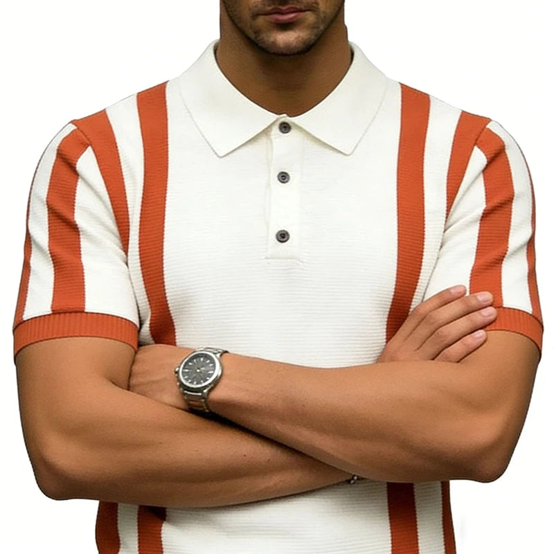 Męska Koszulka Polo w Pionowe Paski z Krótkim Rękawem | Styl Retro