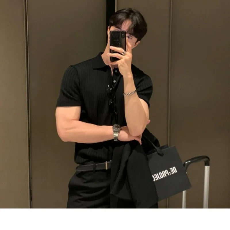 Męski Prążkowany Kołnierzyk Polo Krótki Rękaw Top Casual | Slim Fit
