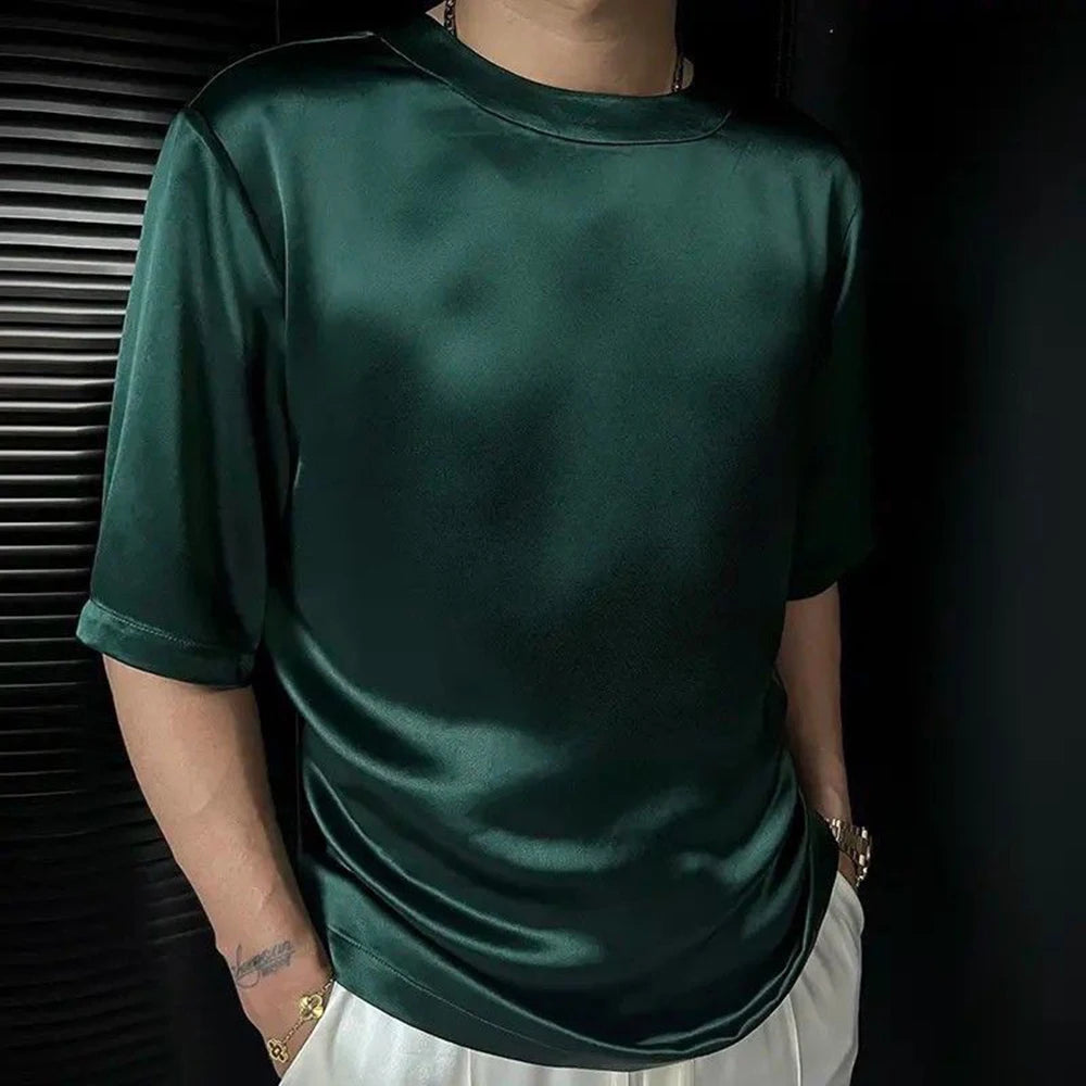 Męski Błyszczący T-Shirt z Okrągłym Dekoltem i Krótkim Rękawem | Luźny Krój