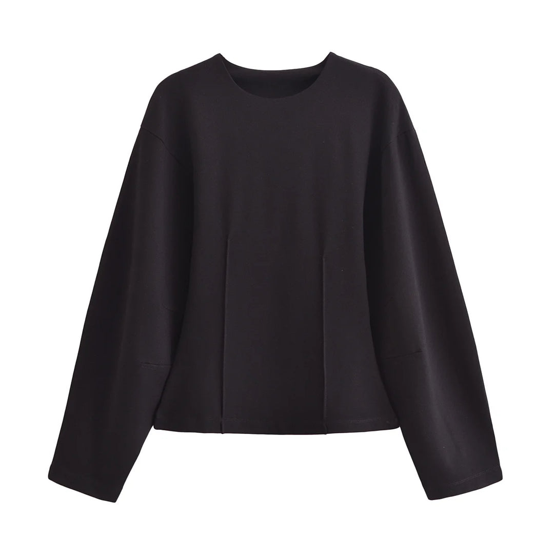 Women's Long Sleeve Round Neck Top and Wide Pants Two-Piece Set | Seam Detail