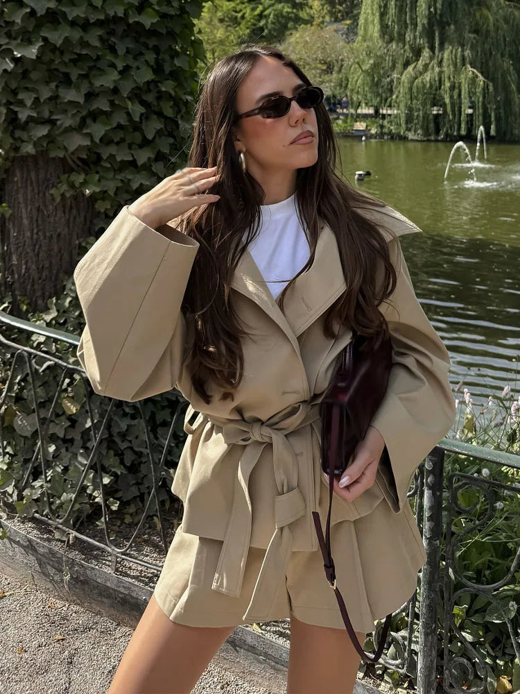 Women's Oversized Belted Envelope Jacket and Shorts Two-Piece Set | Long Sleeve