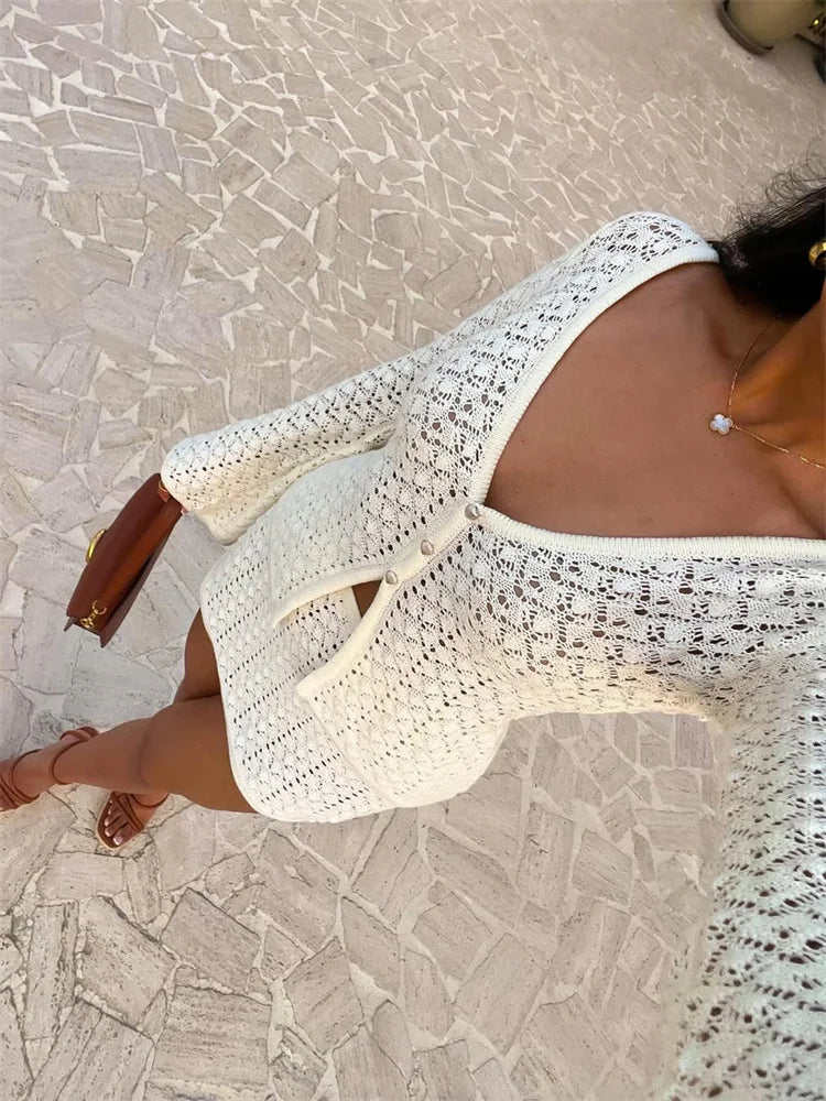 Women's Knit V-Neck Cardigan and Mini Skirt Two-Piece Set | Bell Sleeve