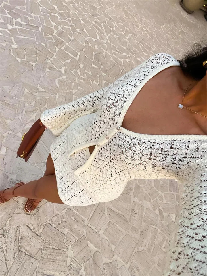 Women's Knit V-Neck Cardigan and Mini Skirt Two-Piece Set | Bell Sleeve