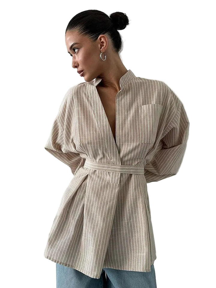Women's Striped Long Sleeve Shirt with Waist Belt | Waist Tie