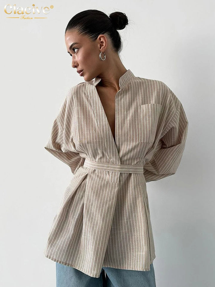 Women's Long Sleeve Blouse Stripes Stand Collar Waist Tie Blouse | Front Buttons