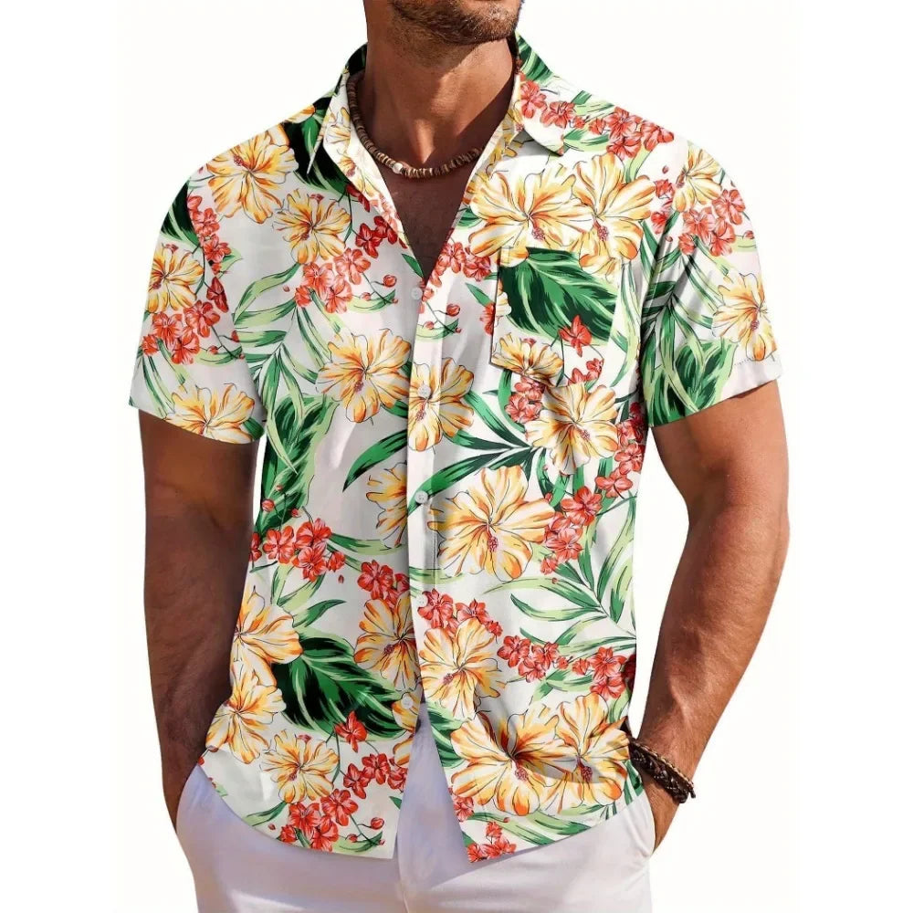 Adrian | Men's Hawaiian Shirt with a Botanical Floral Pattern and Relaxed Fit