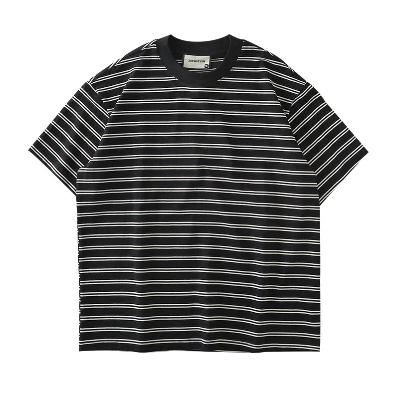 Męski T-Shirt w Paski z Okrągłym Dekoltem i Krótkim Rękawem | Oversize Krój