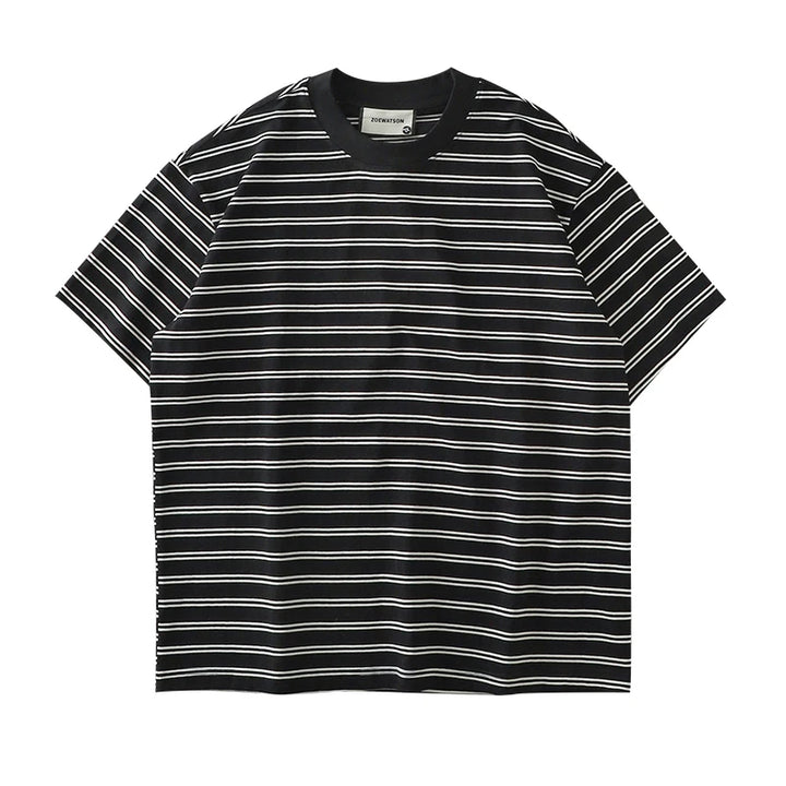 Męski T-Shirt w Paski z Okrągłym Dekoltem i Krótkim Rękawem | Oversize Krój
