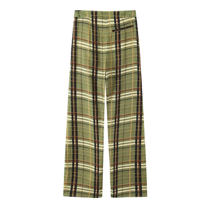 Women's High Waist Plaid Wide Leg Casual Pants | Straight Cut