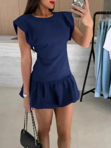 Women's Mini Dress with Short Sleeve Ruffle Fitted | Round Neckline