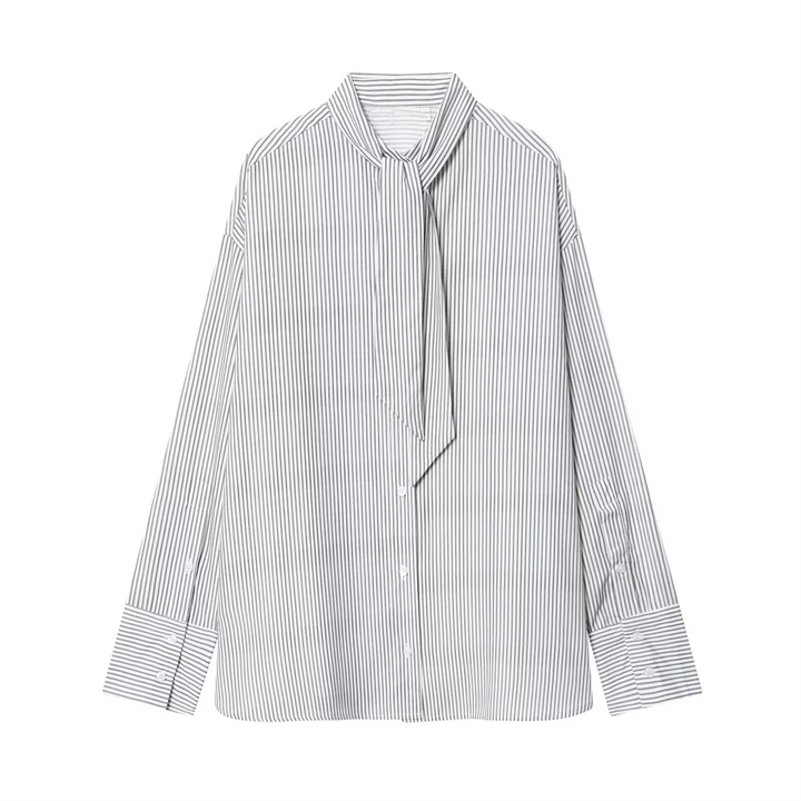 Women's Long Sleeve Shirt Stripes Neck Tie Buttons Shirt | Oversize