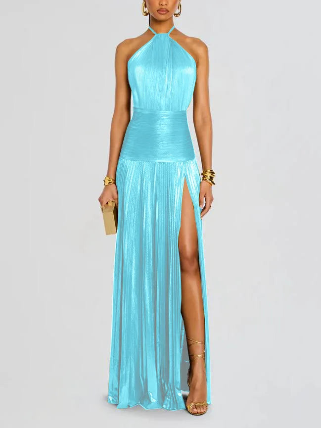 Women's Sleeveless Dress with Neck Tie and Slit | Maxi