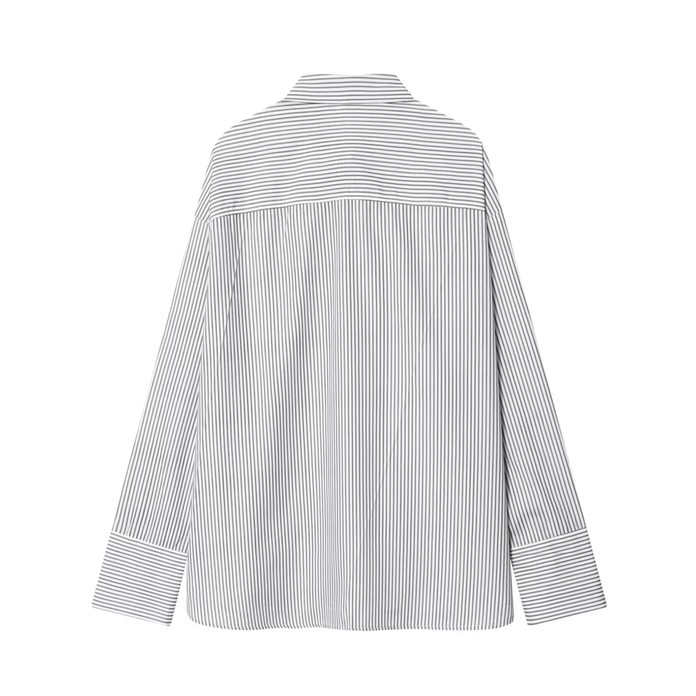 Women's Long Sleeve Shirt Stripes Neck Tie Buttons Shirt | Oversize