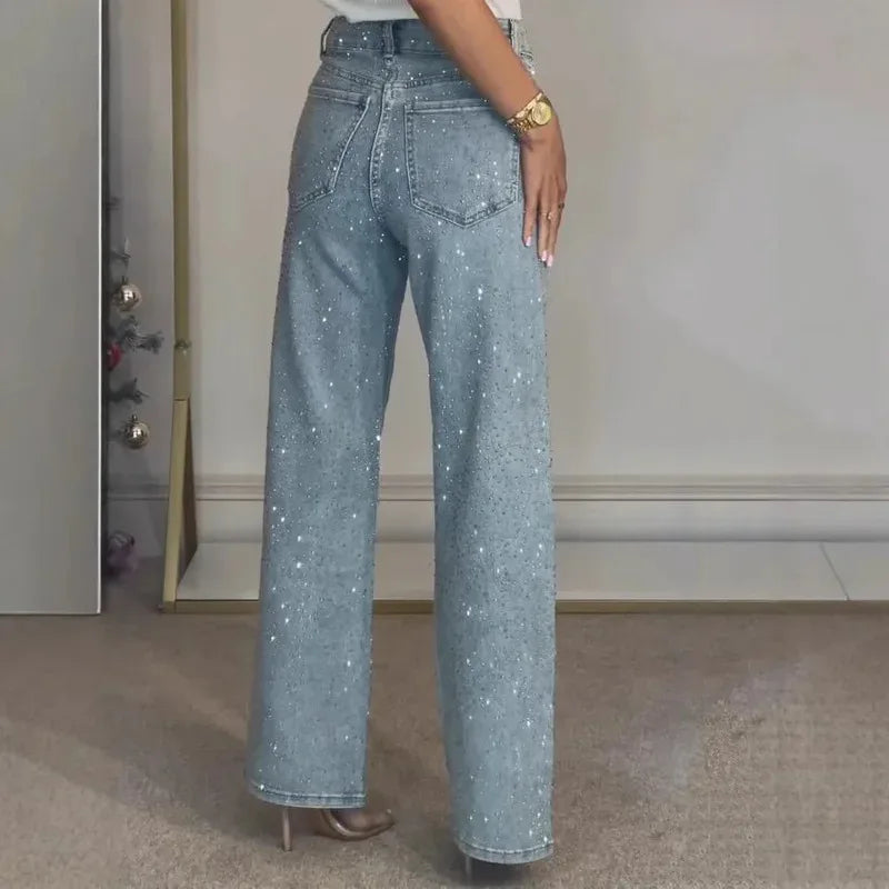 Women's High Waist Wide Leg Rhinestone Pants | Flared Cut