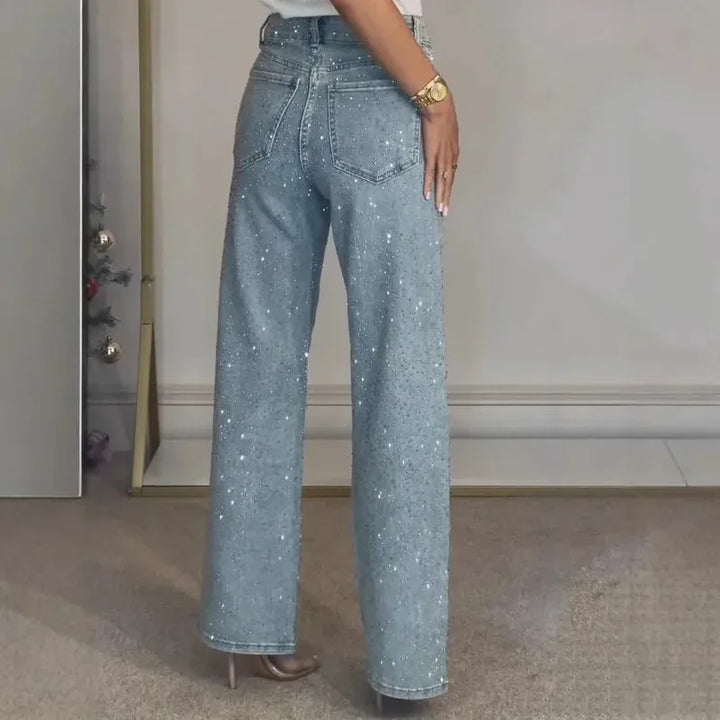 Women's High Waist Wide Leg Rhinestone Pants | Flared Cut