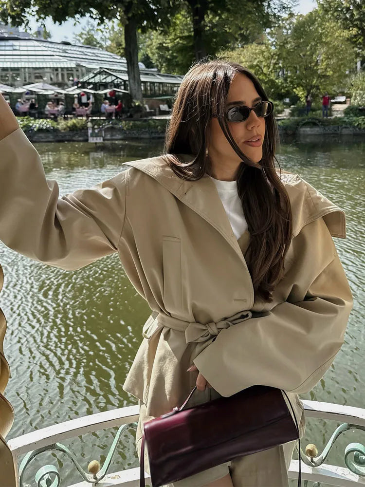 Women's Oversized Belted Envelope Jacket and Shorts Two-Piece Set | Long Sleeve