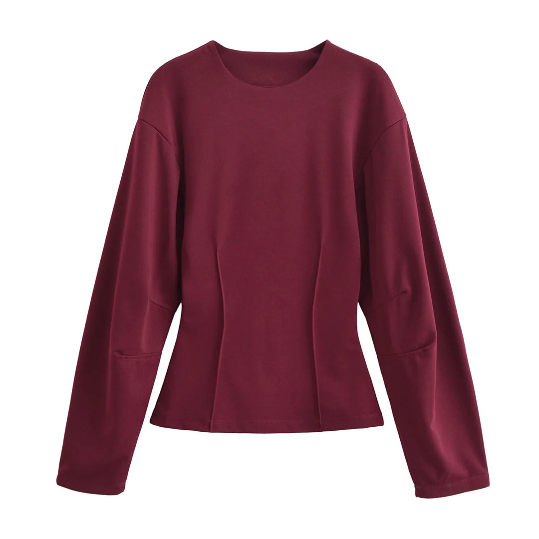 Women's Long Sleeve Round Neck Top and Wide Pants Two-Piece Set | Seam Detail