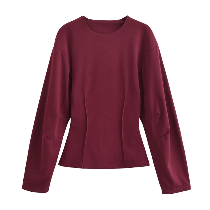 Women's Long Sleeve Round Neck Top and Wide Pants Two-Piece Set | Seam Detail