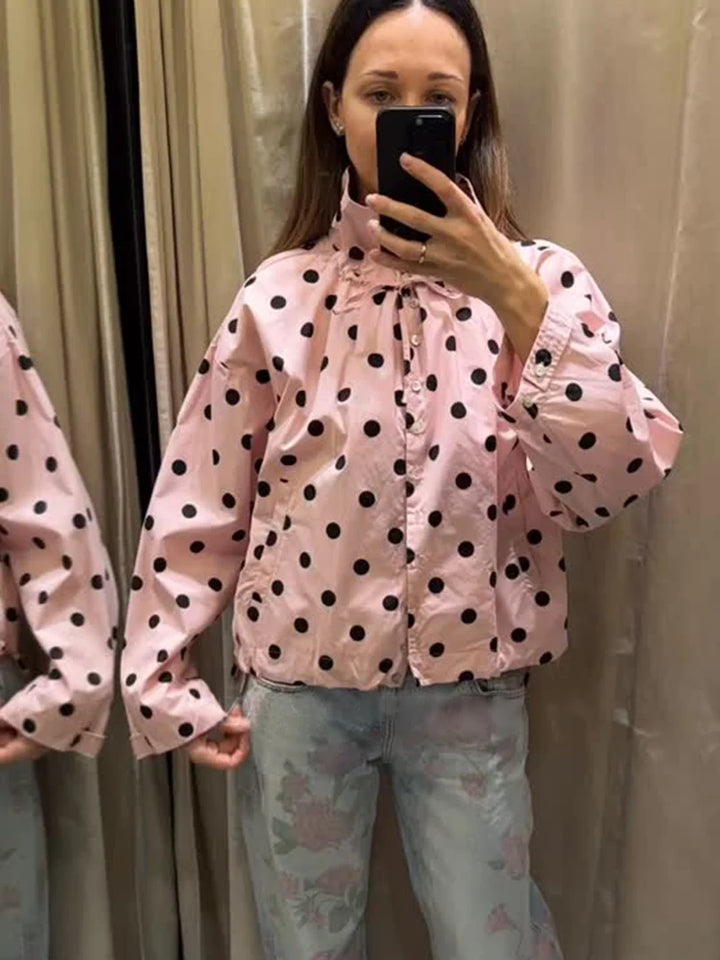 Women's Long Sleeve Jacket with High Collar in Polka Dots | Street Style