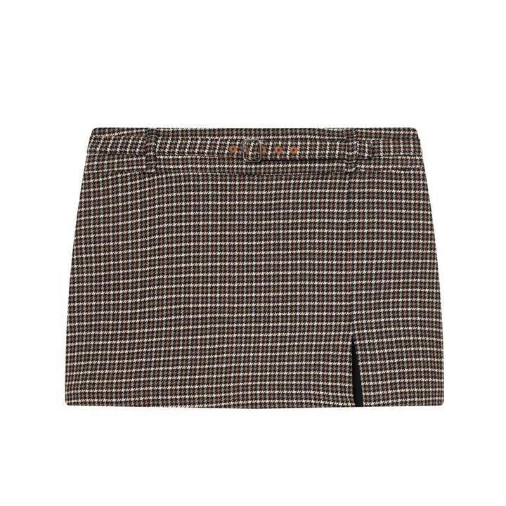 Women's Plaid Set with Short Jacket with Long Sleeves and Mini Skirt with Slit | Retro Style