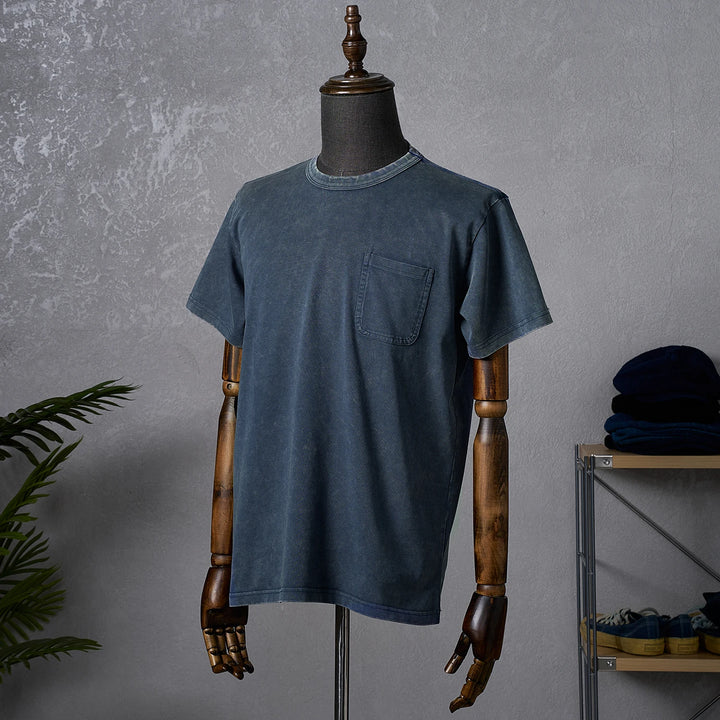 Męski Sprany T-Shirt z Okrągłym Dekoltem, Krótkim Rękawem i Kieszonką | Vintage Krój