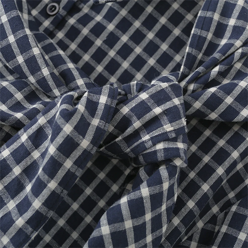 Women's Long Sleeve Shirt Plaid Waist Tie Overlapping Front Buttons Shirt | Plaid