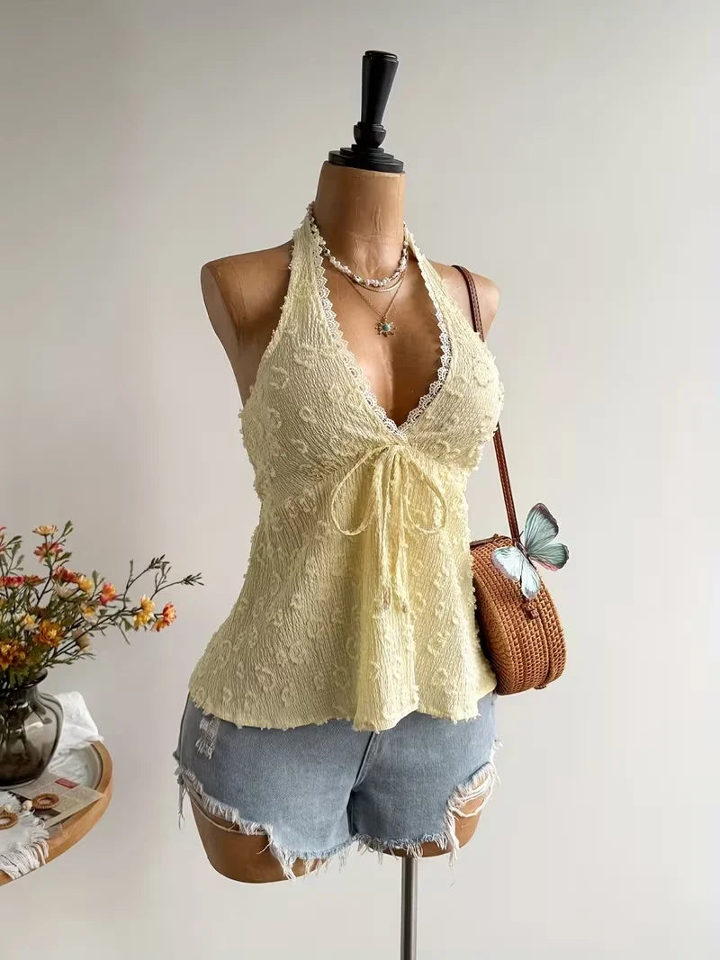Women's Halter Top Neck Tie Open Back Lace Trim Top | Ruched