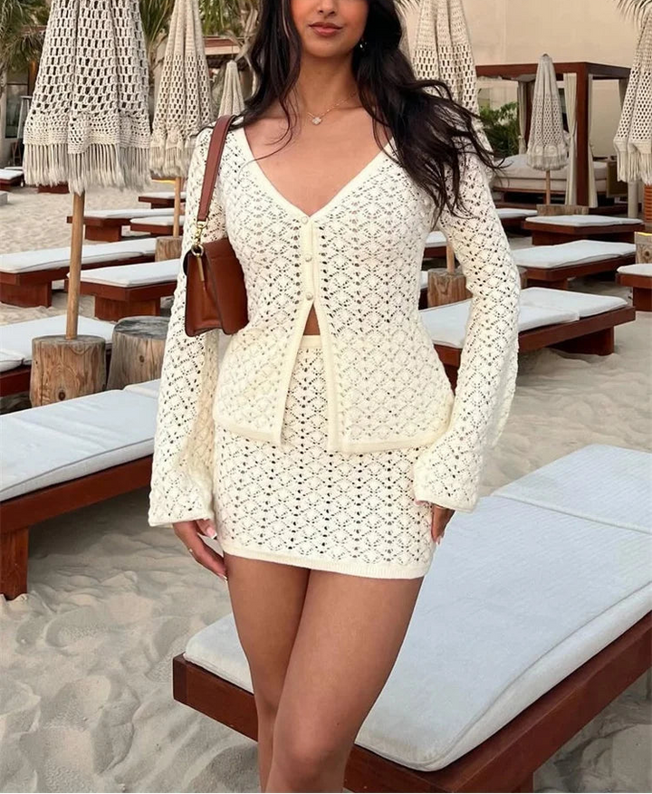 Women's Knit V-Neck Cardigan and Mini Skirt Two-Piece Set | Bell Sleeve