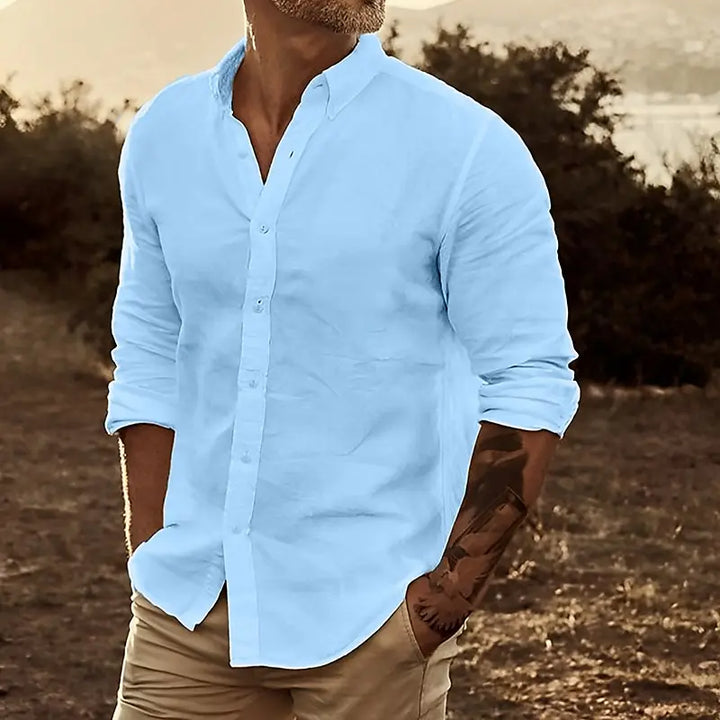Men's Shirt | Regular Fit Long Sleeve Shirt | Stand Collar and Button Closure | Smart Casual Style