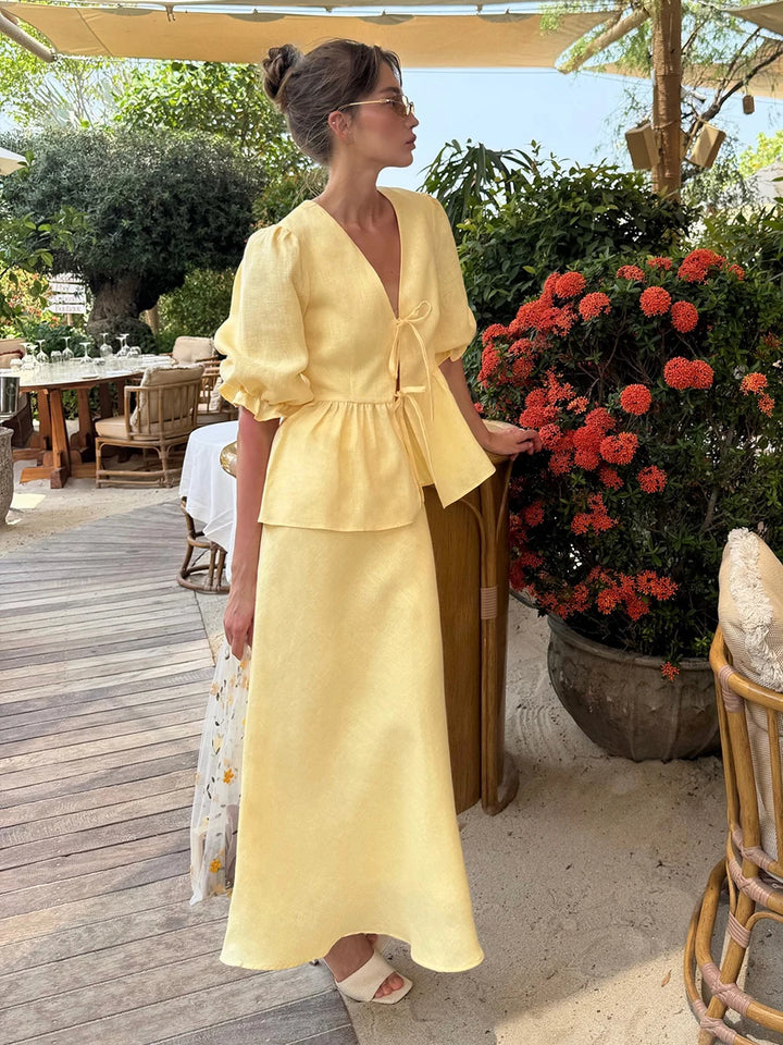 Women's Puffy Sleeve Top Tied at the Front and Maxi Skirt Two-Piece Set | V-Neckline