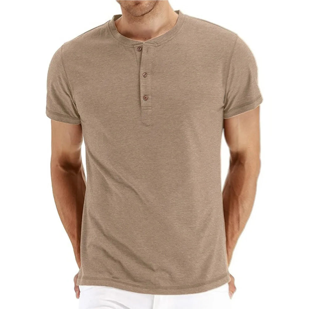 Męski T-Shirt Henley z Krótkim Rękawem i Dekoltem na Guziki | Dopasowany Krój