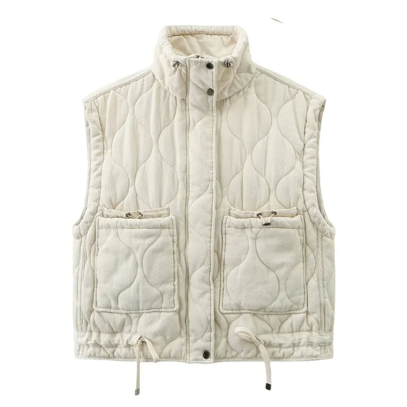 Women's Quilted Sleeveless Vest High Collar Drawstring Pockets Vest | Modern