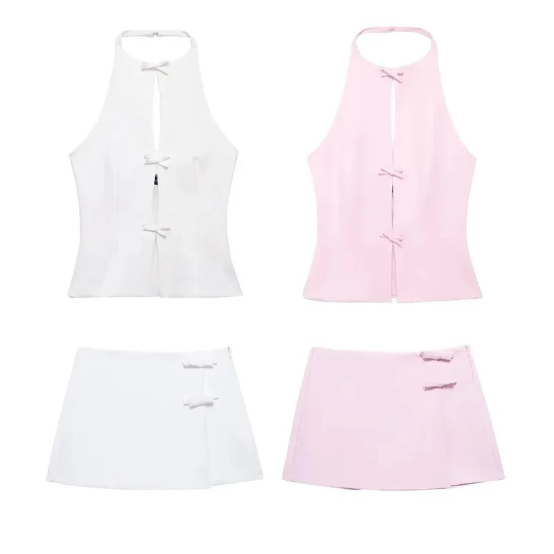 Damski Bez Rękawów Wiązanie z Przodu Halter Top i Mini Spódnica Dwuczęściowy Zestaw | Odkryte Plecy