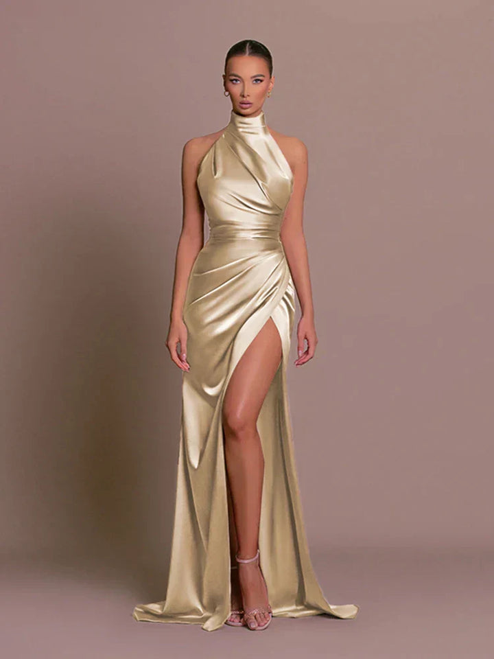 Women's One-Shoulder Dress with Ruching and High Slit | Maxi