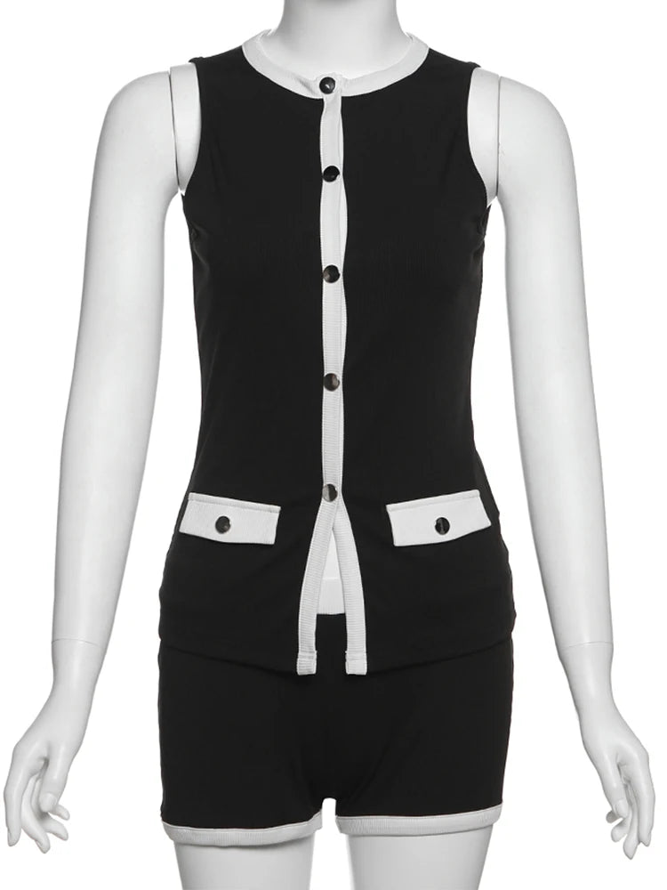 Women's Contrast Trim Sleeveless Cardigan and Shorts Two-Piece Set | Front Buttons