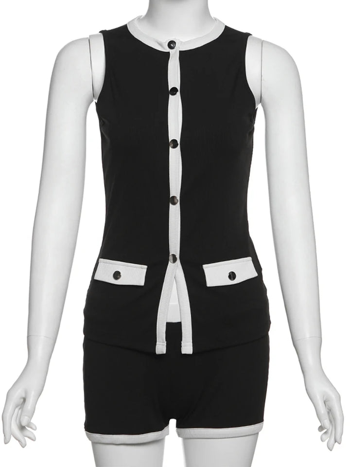 Women's Contrast Trim Sleeveless Cardigan and Shorts Two-Piece Set | Front Buttons