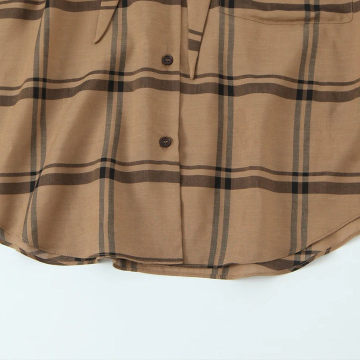 Women's Long Sleeve Plaid Blouse with Neck Tie and Buttons | Classic