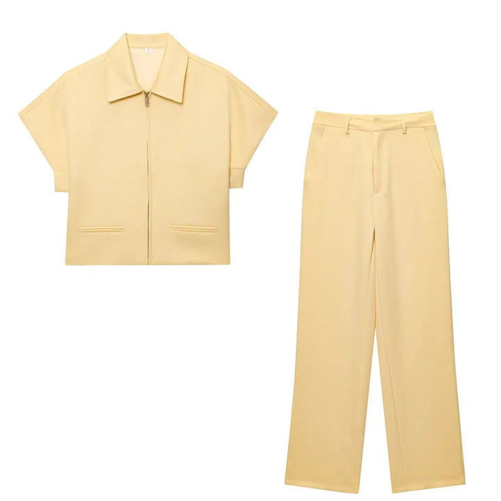 Women's Collar Front Zipper Top and Wide Pants Two-Piece Set | Minimalist Style