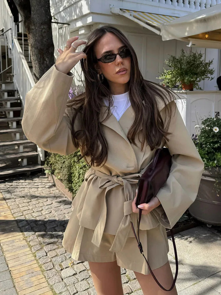 Women's Oversized Belted Envelope Jacket and Shorts Two-Piece Set | Long Sleeve