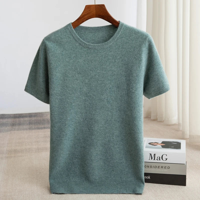 Męski T-shirt Dzianinowy Krótki Rękaw Okrągły Dekolt Prążkowany Dół Pulower T-shirt | Minimalistyczny