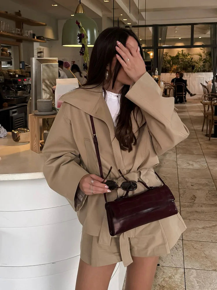 Women's Oversized Belted Envelope Jacket and Shorts Two-Piece Set | Long Sleeve