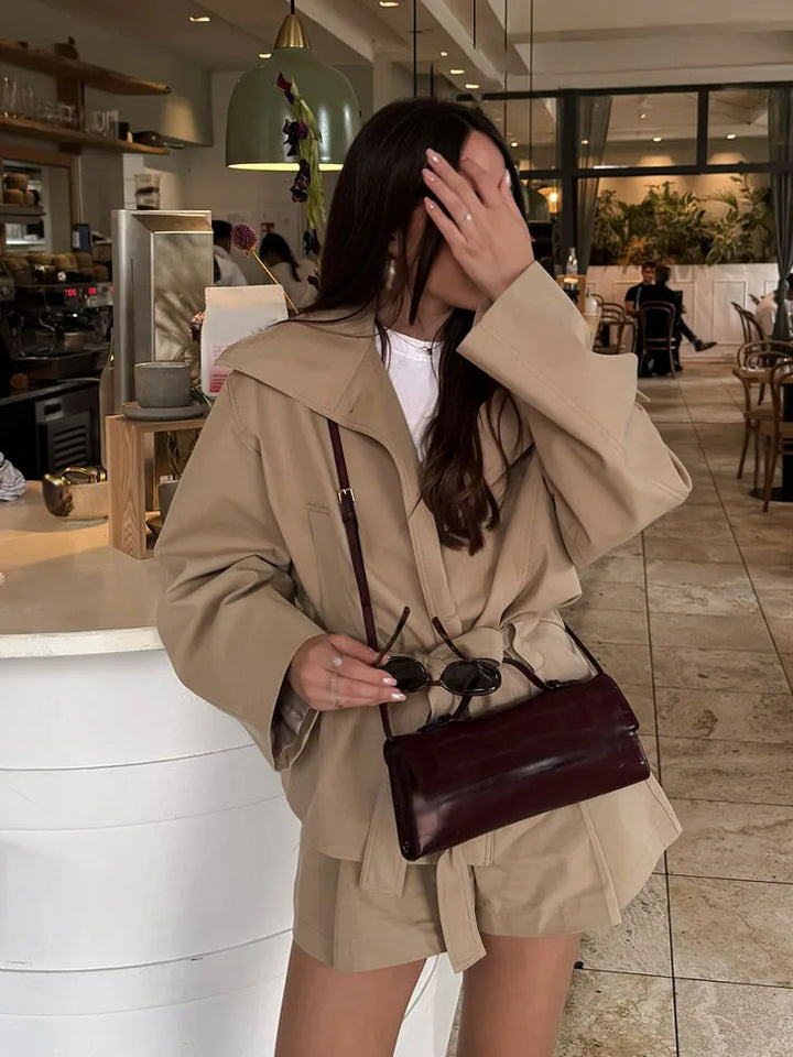 Women's Oversized Belted Envelope Jacket and Shorts Two-Piece Set | Long Sleeve
